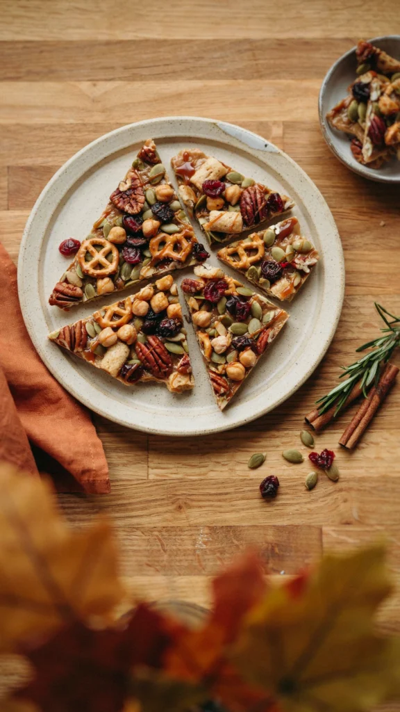 Harvest snack mix chocolate bark with pretzels, pumpkin seeds, and dried cranberries