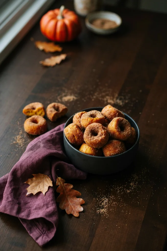 Round baked pumpkin donut holes rolled in cinnamon sugar, piled in a bowl