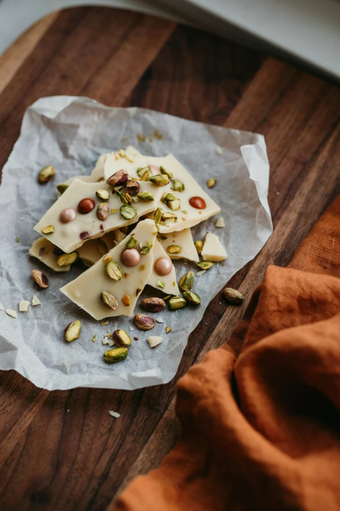 White chocolate bark studded with chopped pistachios and scattered candy eyes, broken into shards