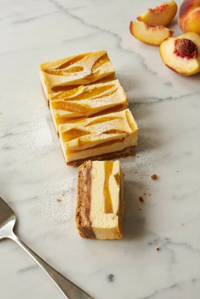 Sliced peach cheesecake bars with graham cracker crust and marbled peach swirl