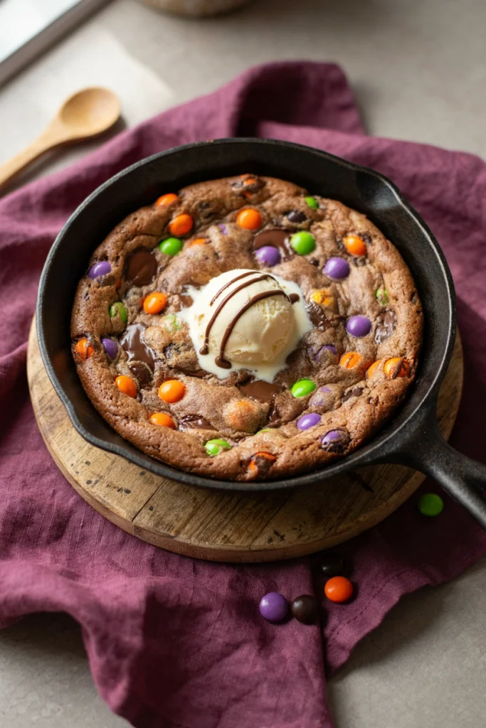 A giant cookie baked in a cast iron skillet, studded with Halloween M&Ms, served warm with a scoop melting on top