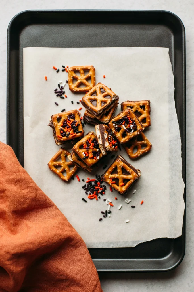Pretzel snaps sandwiched with fudge and topped with orange and purple sprinkles
