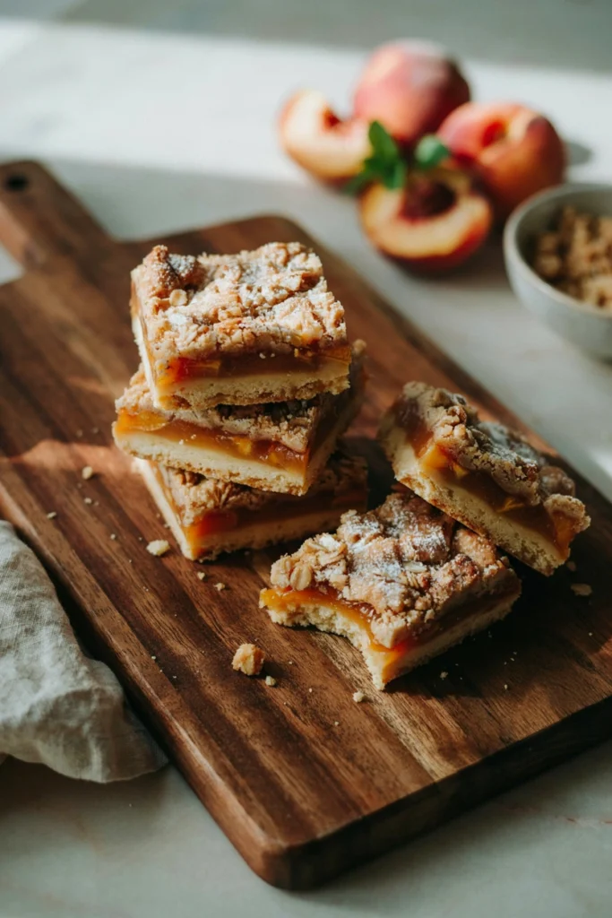 Stacked peach crumble bars with lemon-ginger shortbread crust on a wooden board