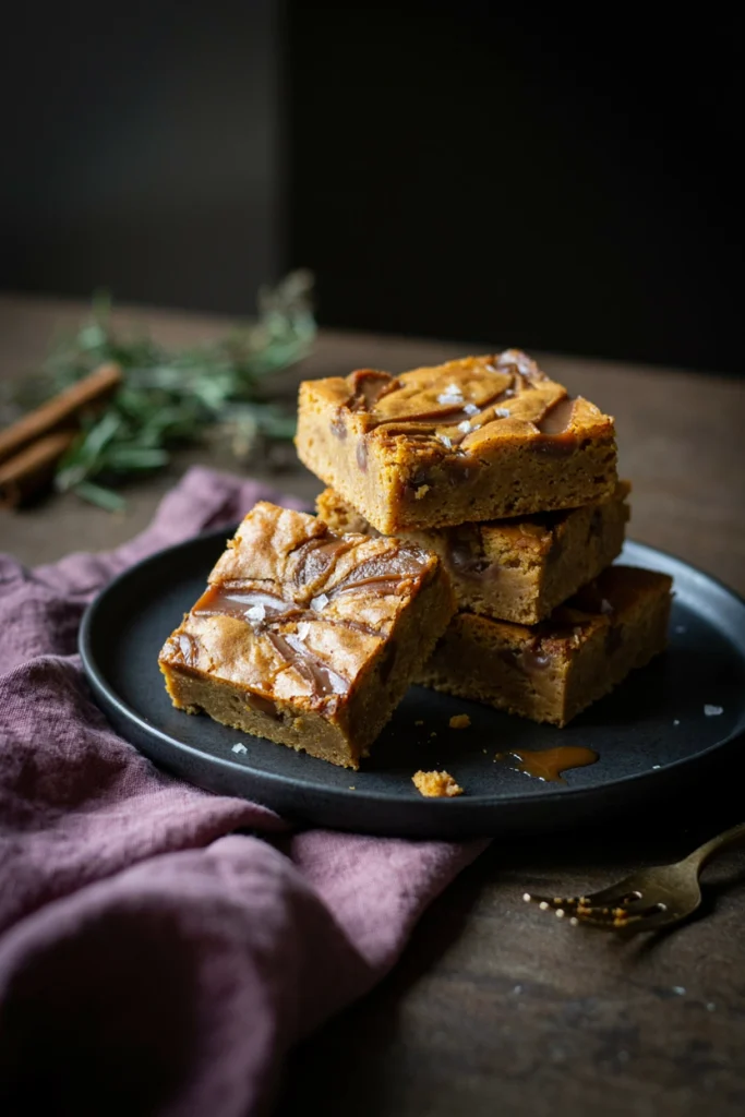 Golden pumpkin blondies swirled with caramel and a sprinkle of flaky salt, cut into squares