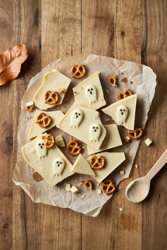 White chocolate bark studded with pretzels and small piped ghost faces