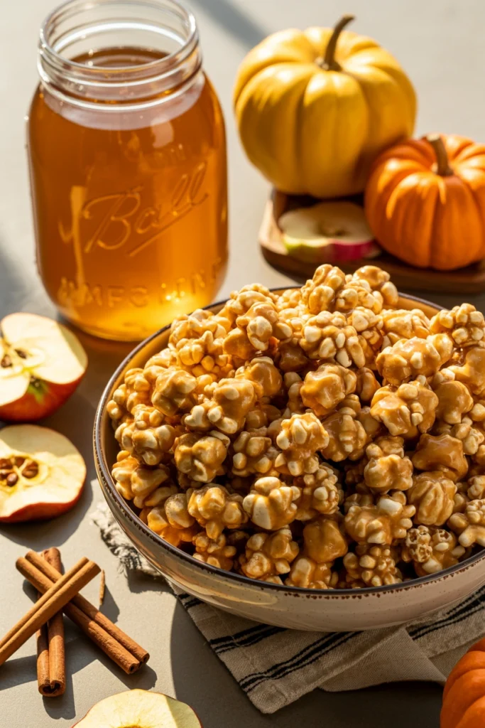 Bowl of glossy apple cider caramel popcorn with cinnamon