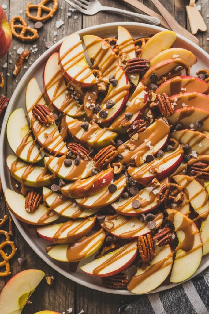 Caramel apple nachos with pecans, chocolate chips, and pretzels on a platter