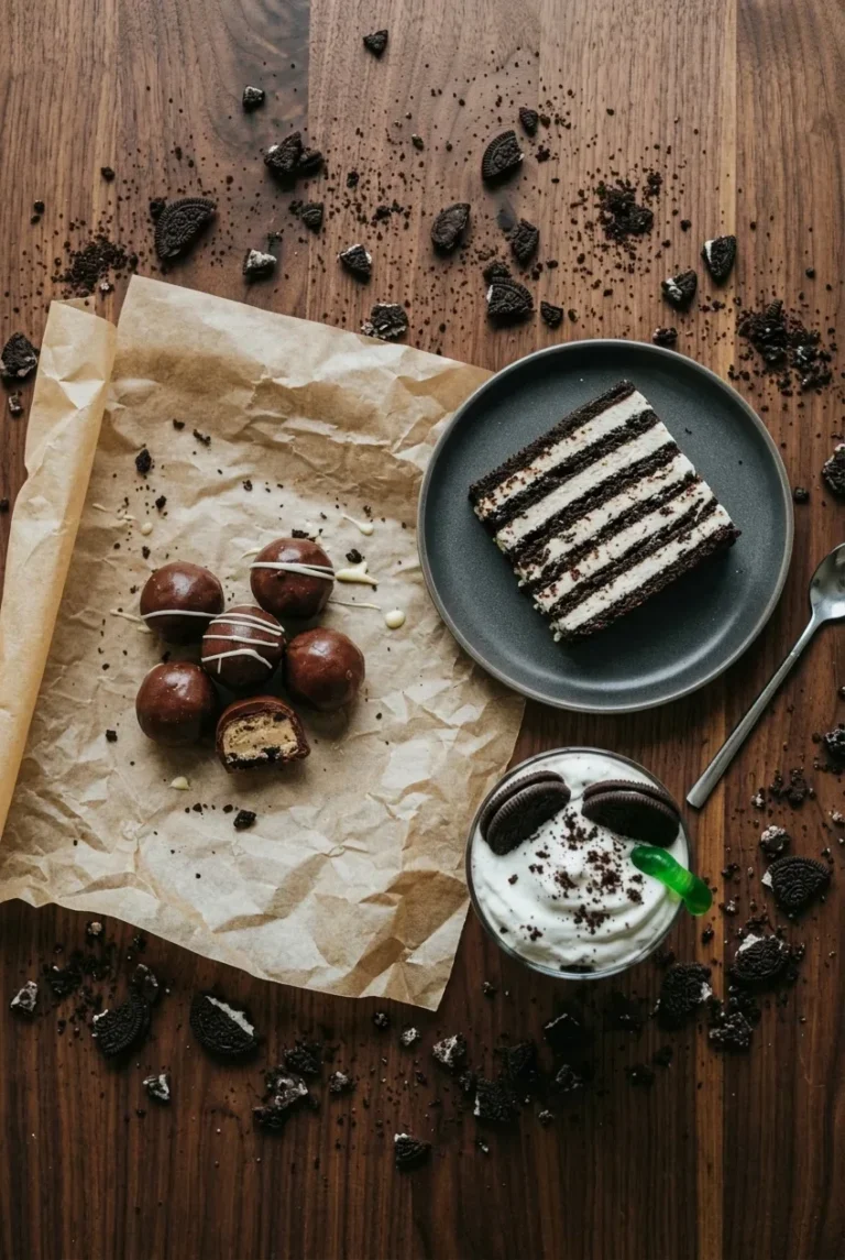 Overhead flat lay of the finished Oreo desserts from this list arranged together — truffles, a slice of icebox cake, and a milkshake — on a dark wood table with crushed Oreo crumbs scattered around for texture