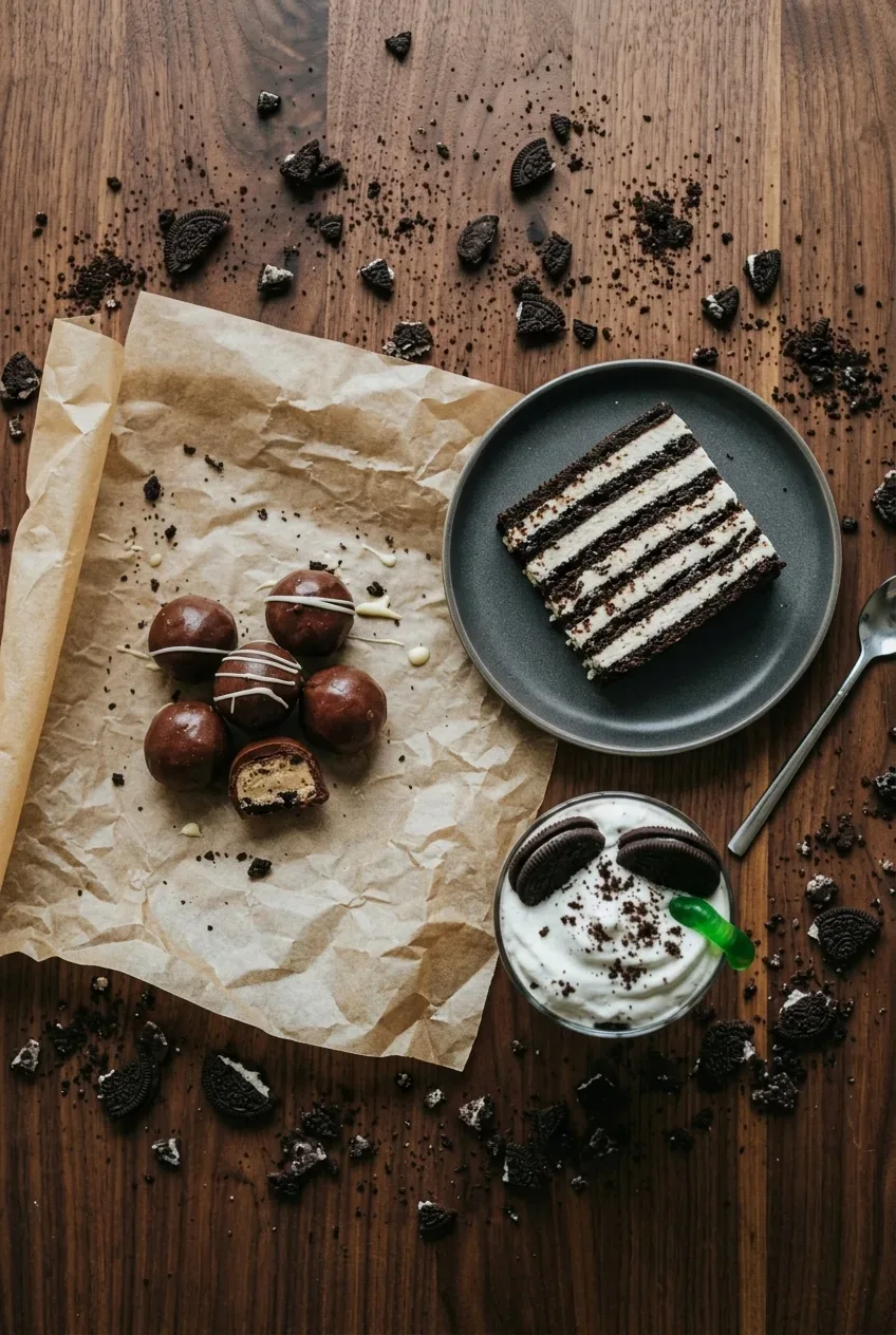 Overhead flat lay of the finished Oreo desserts from this list arranged together — truffles, a slice of icebox cake, and a milkshake — on a dark wood table with crushed Oreo crumbs scattered around for texture