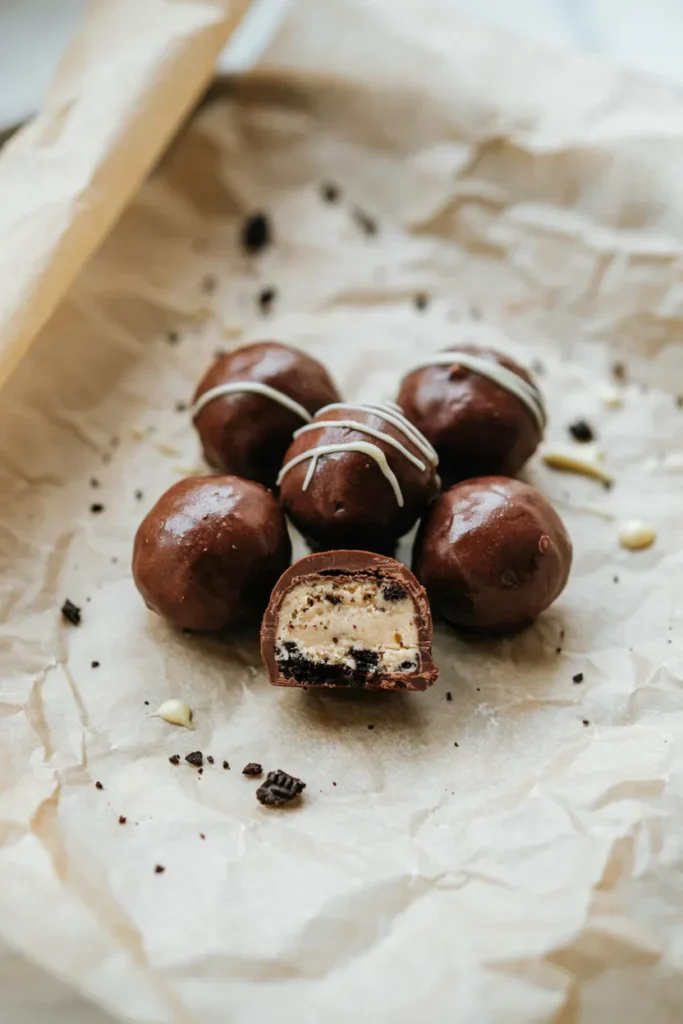  Close-up of dark chocolate-dipped Oreo truffles arranged on parchment paper, one cut in half to show the creamy cookie center, with a light drizzle of white chocolate on top