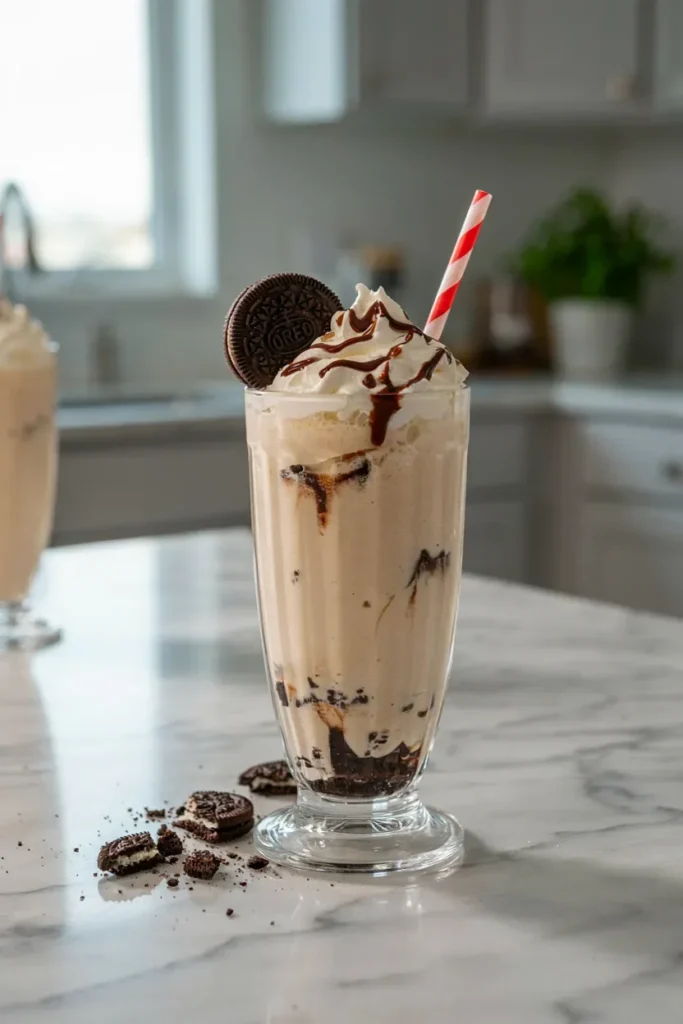 A tall glass milkshake with visible Oreo cookie chunks throughout, topped with whipped cream, a drizzle of chocolate syrup, and a whole Oreo balanced on the rim