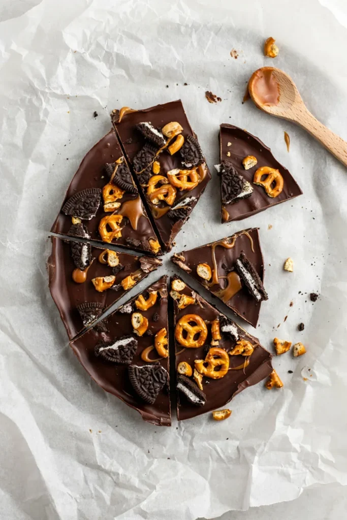 A broken slab of chocolate bark studded with crushed Oreos, pretzel pieces, and caramel drizzle, shot from above on parchment paper