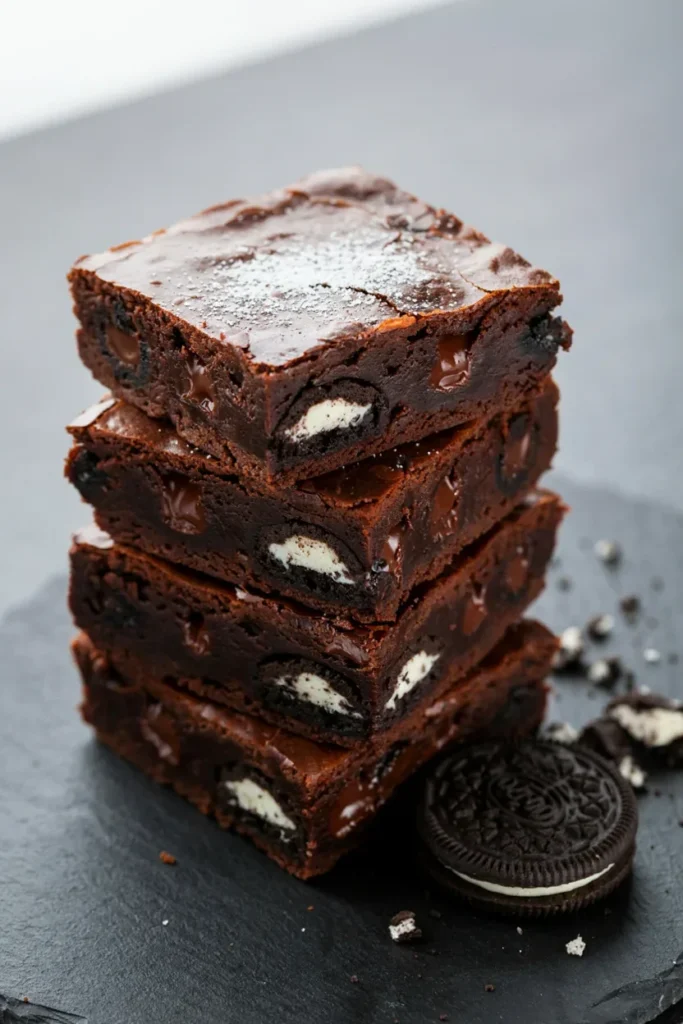 A stack of thick, fudgy brownies with whole Oreos baked into the batter, cut to show the cookie suspended in the center of each square