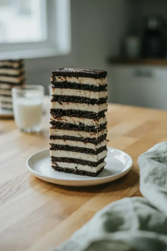 A tall slice of icebox cake showing thin, distinct alternating layers of softened Oreo cookies and whipped cream, standing upright on a plate