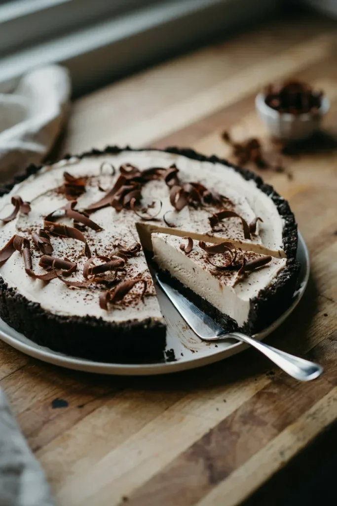 A whole no-bake pie in an Oreo crust with a light, airy mousse filling, topped with chocolate curls and a dusting of cocoa, one slice removed to show the smooth texture.