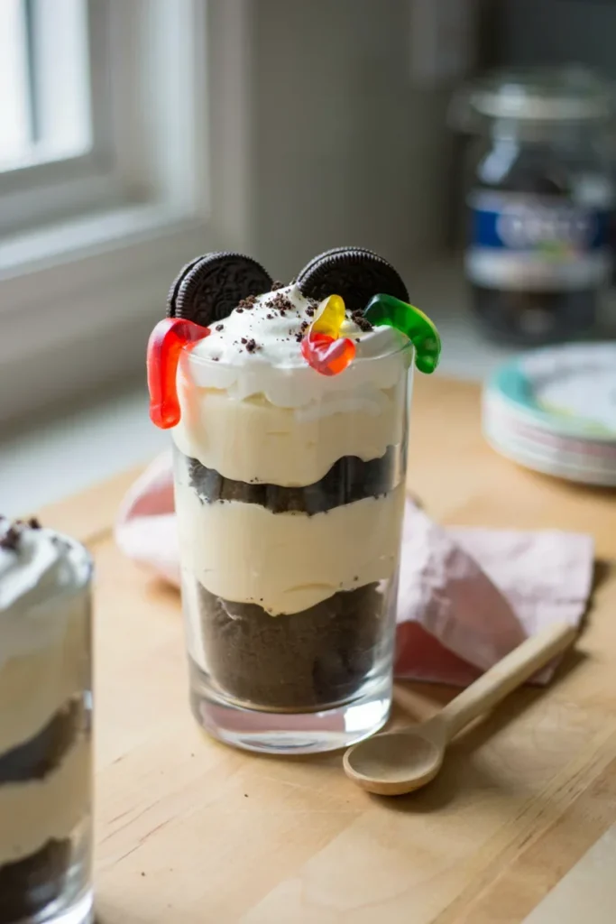  A trifle bowl or individual clear cups showing distinct layers of crushed Oreo "dirt," pudding, and whipped topping, with a few whole Oreo halves and gummy worms peeking out the top.