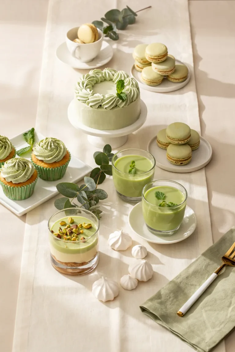 An overhead flat-lay of a dessert table styled entirely in soft sage and mint tones — a small buttercream cake, a plate of pastel macarons, and a glass of matcha panna cotta, with a few sprigs of eucalyptus tucked between the plates. Soft, natural window light, no text overlay needed.