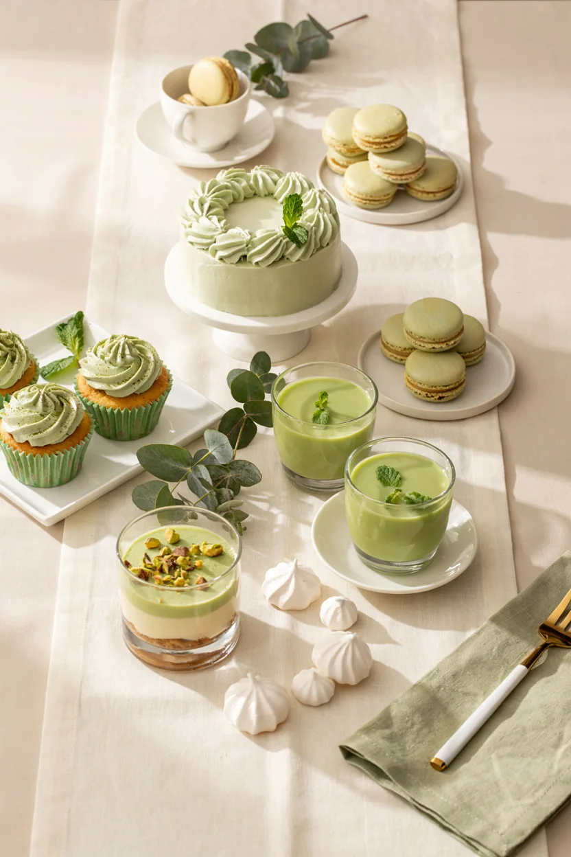 An overhead flat-lay of a dessert table styled entirely in soft sage and mint tones — a small buttercream cake, a plate of pastel macarons, and a glass of matcha panna cotta, with a few sprigs of eucalyptus tucked between the plates. Soft, natural window light, no text overlay needed.