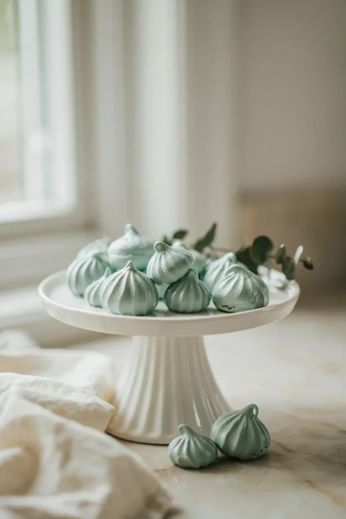 Sage green meringue kisses piped on a cake stand with a matte finish