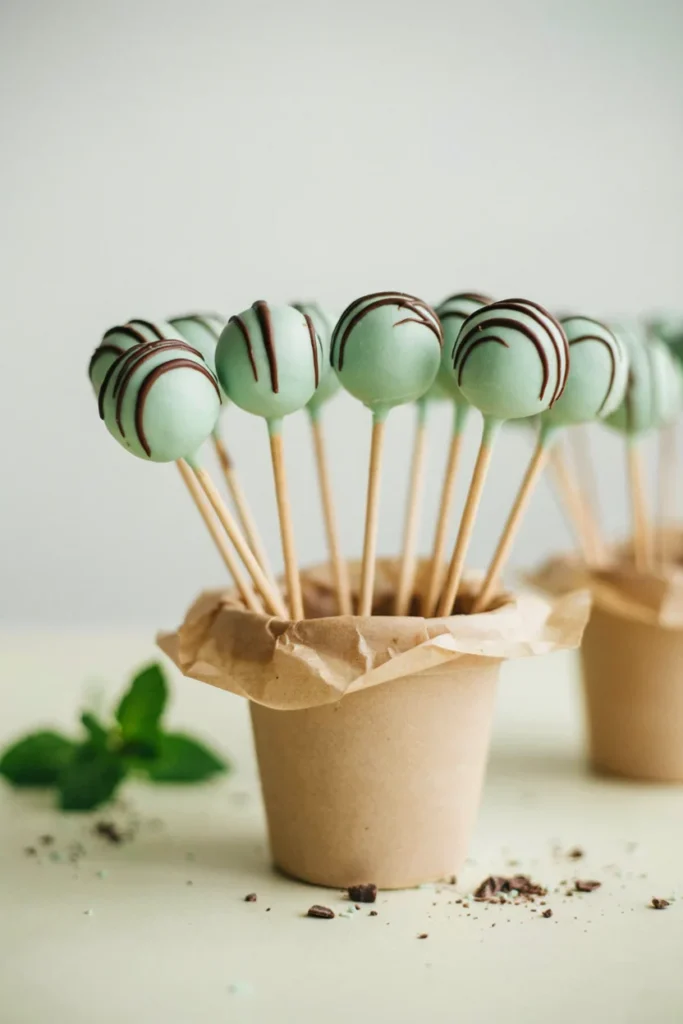 Mint chocolate cake pops with a dark chocolate drizzle standing in a foam block