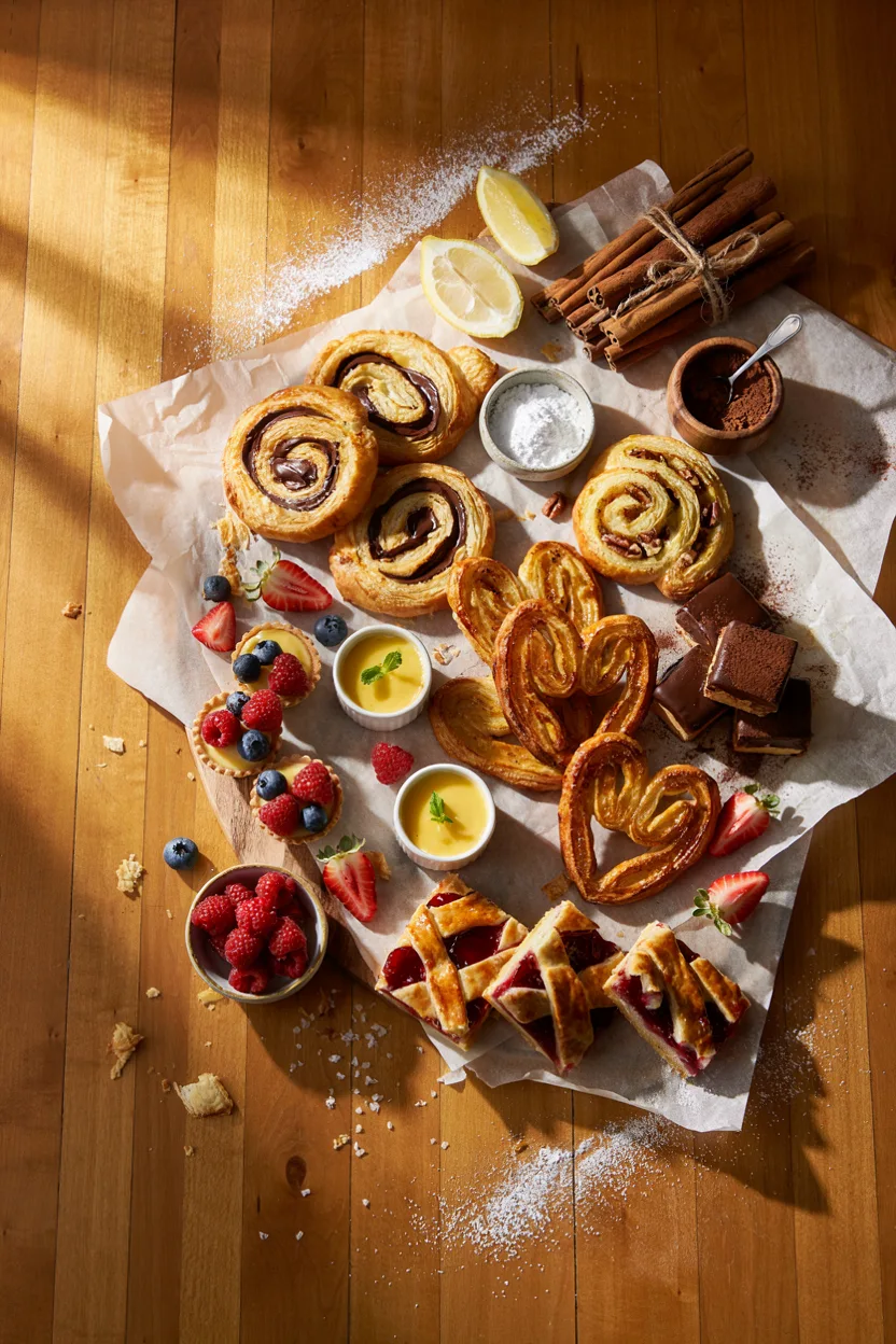 An overhead flat-lay of an assorted dessert board — golden Nutella twists, cinnamon palmiers, and a few fruit-topped puff pastry cups arranged on parchment paper, with a small bowl of powdered sugar and a dusting of cocoa in the corner. Warm, natural light, cozy kitchen counter mood