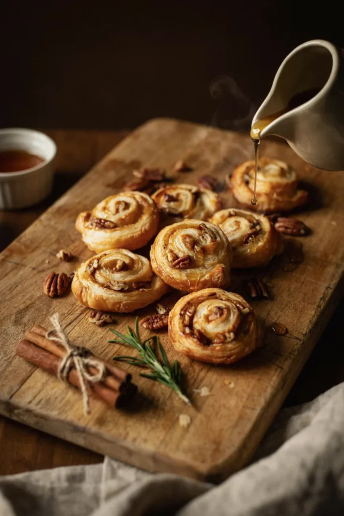Maple pecan puff pastry pinwheels with toasted pecans