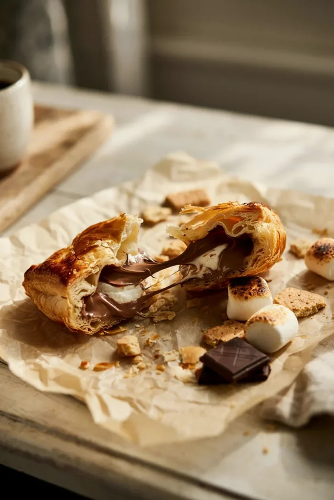 S'mores puff pastry pocket with melted chocolate and marshmallow