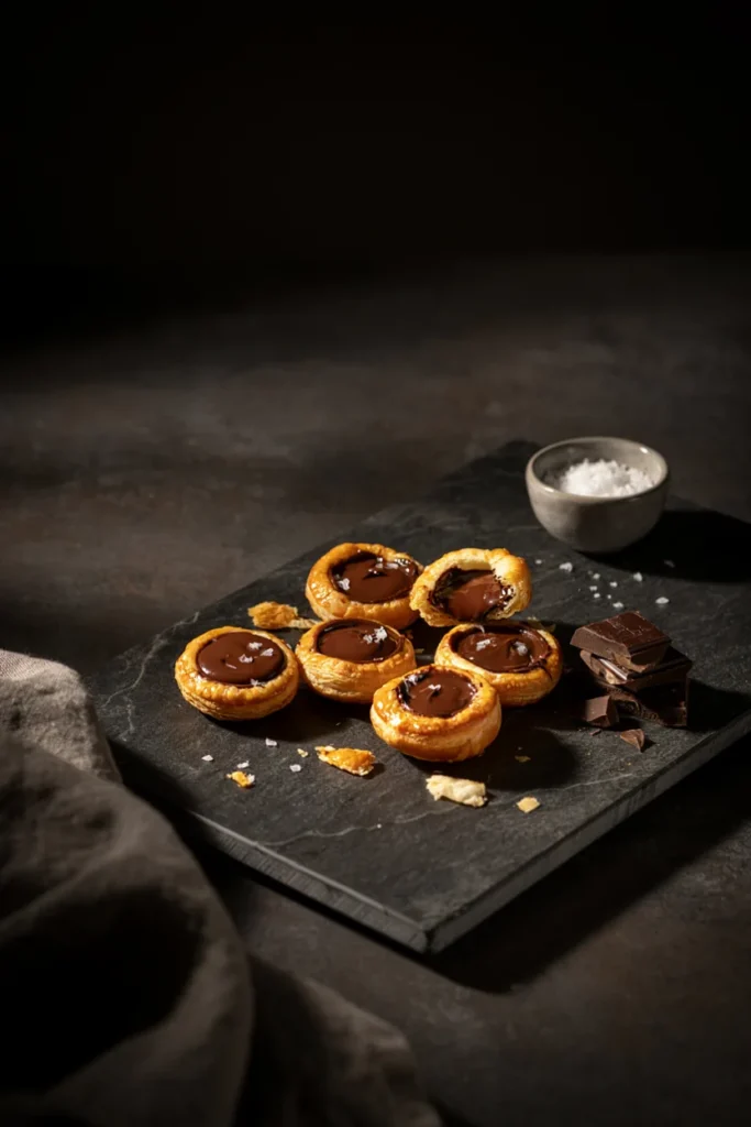 Chocolate ganache puff pastry bites with flaky sea salt