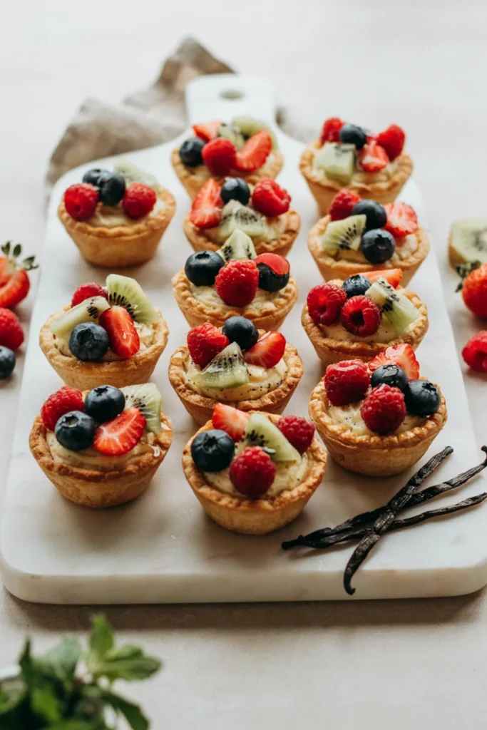 Mini vanilla bean fruit tarts topped with fresh berries