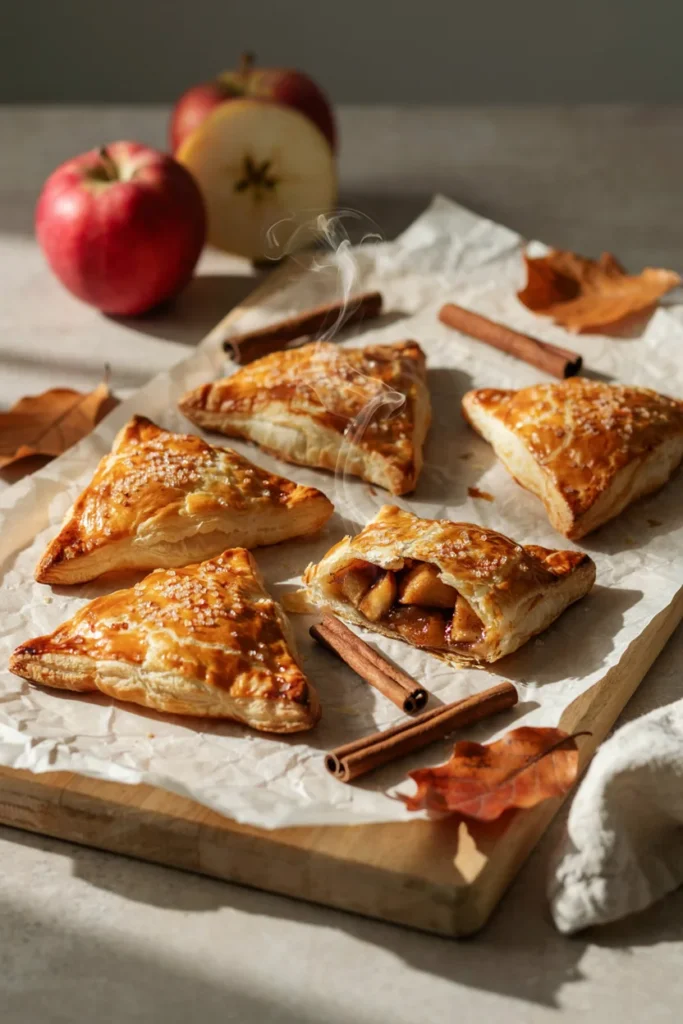 Golden apple cinnamon puff pastry turnovers with a spiced apple filling