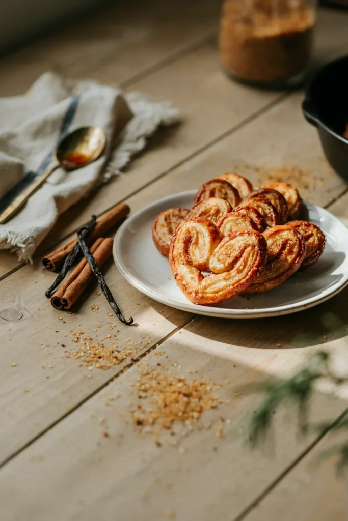 Caramelized cinnamon sugar puff pastry palmiers stacked on a plate