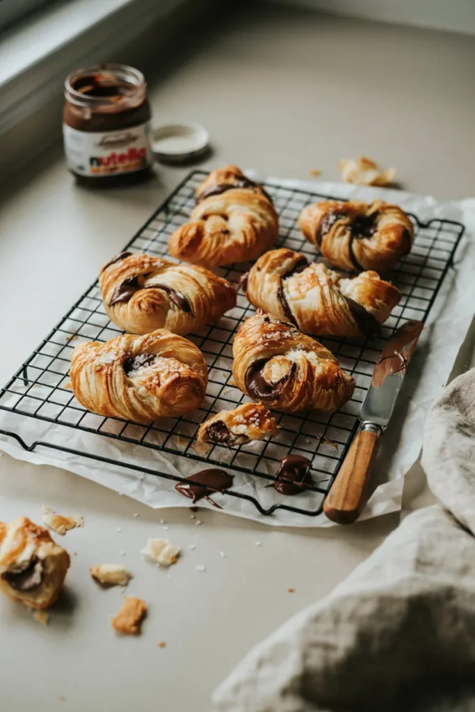 Golden spiraled Nutella puff pastry twists cooling on a wire rack