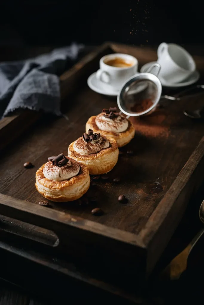 Tiramisu puff pastry cups dusted with cocoa powder