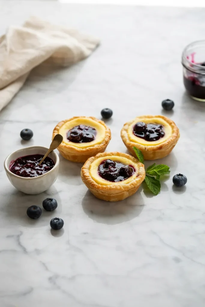 Blueberry cheesecake puff pastry bites topped with preserves
