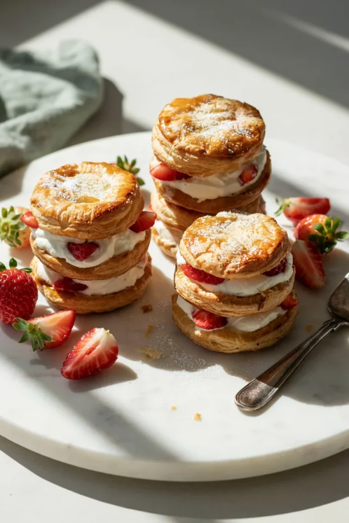 Strawberry shortcake puff pastry stacks with whipped cream