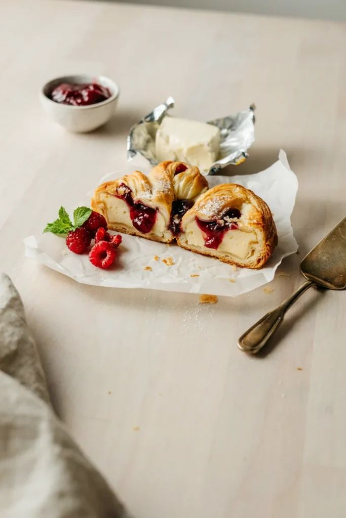 Raspberry cream cheese puff pastry danish braid sliced open