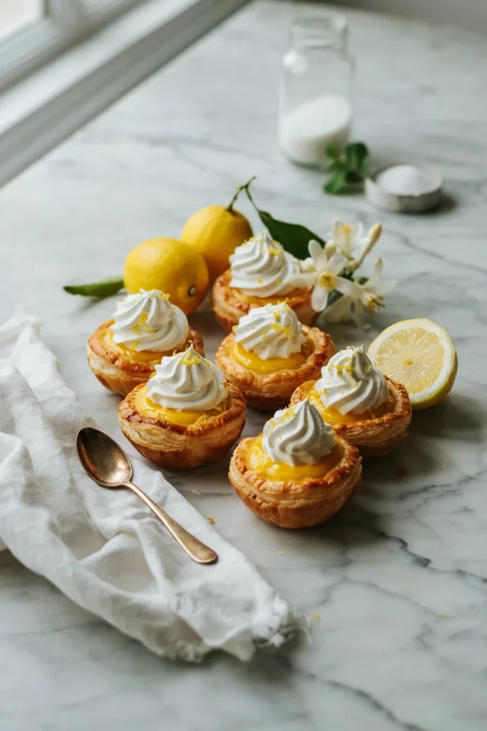 Lemon curd puff pastry cups topped with whipped cream
