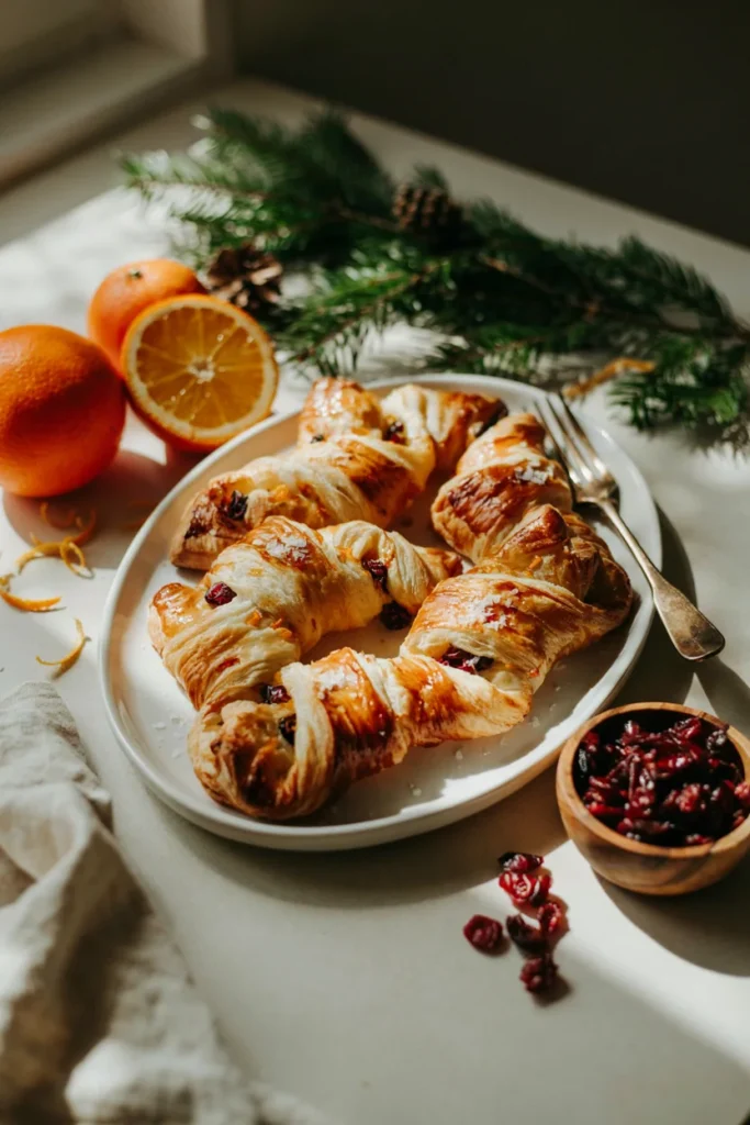 Orange cranberry puff pastry twists on a holiday platter