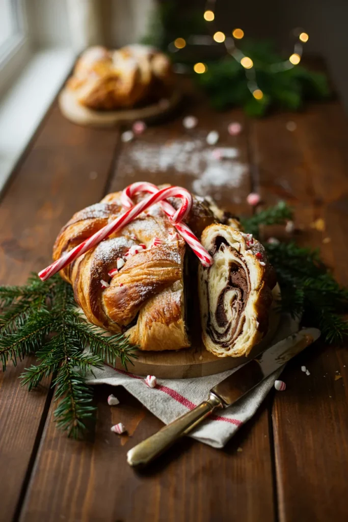 Peppermint chocolate puff pastry braid dusted with powdered sugar