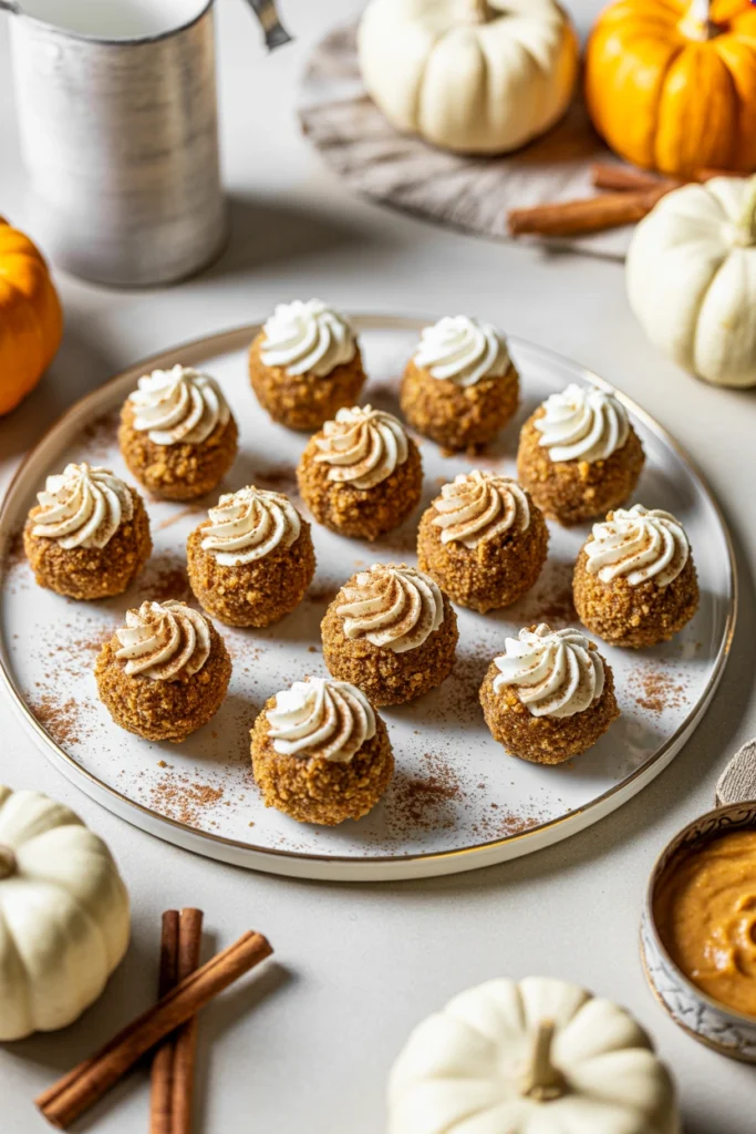 No-bake pumpkin cheesecake bites rolled in graham cracker crumbs