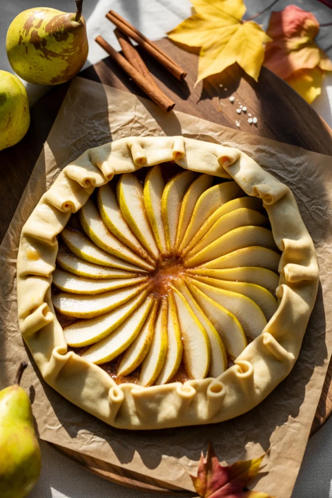Rustic spiced pear galette with golden folded pastry crust