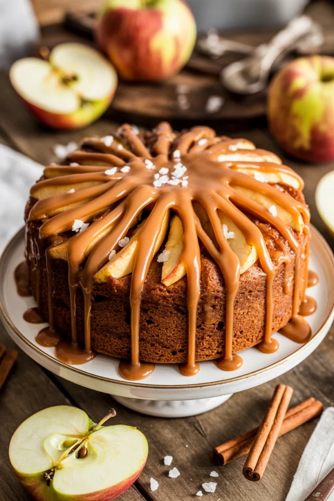 Salted caramel apple snack cake drizzled with caramel on a cake stand