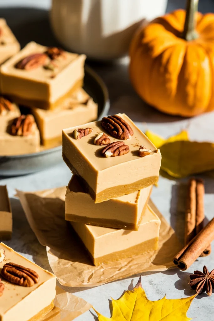 Stack of creamy pumpkin fudge squares topped with toasted pecans