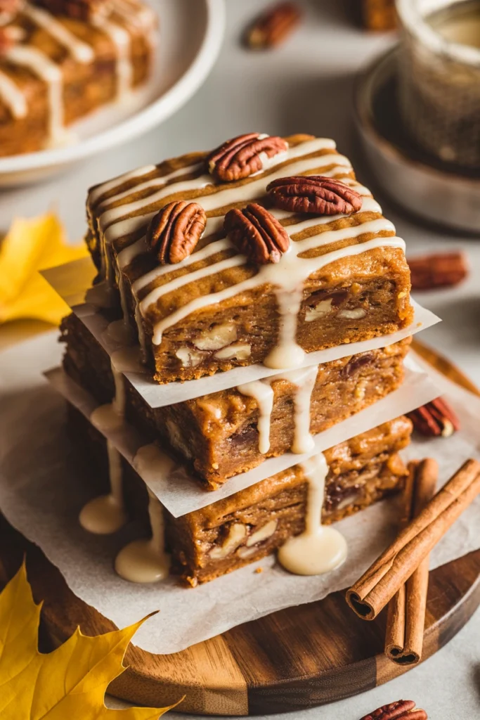 Stack of maple pecan blondies with maple glaze and toasted pecans