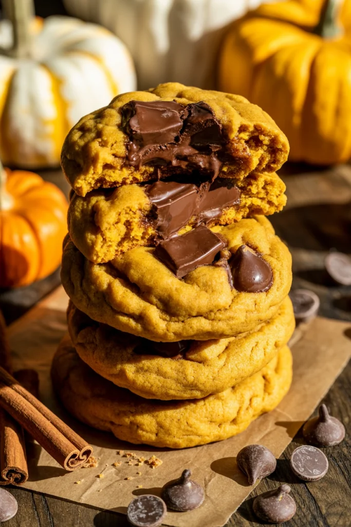 Stack of soft pumpkin chocolate chip cookies with melted chocolate chunks