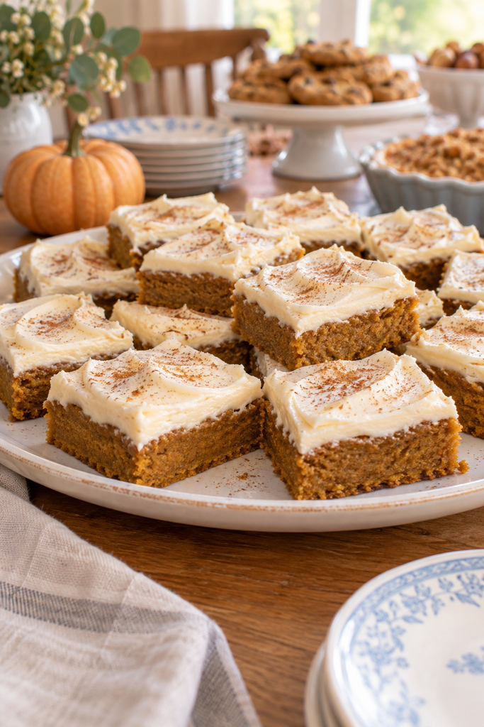 Spiced pumpkin bars topped with a thick swirl of cream cheese frosting, cut into squares, autumn leaves scattered nearby.