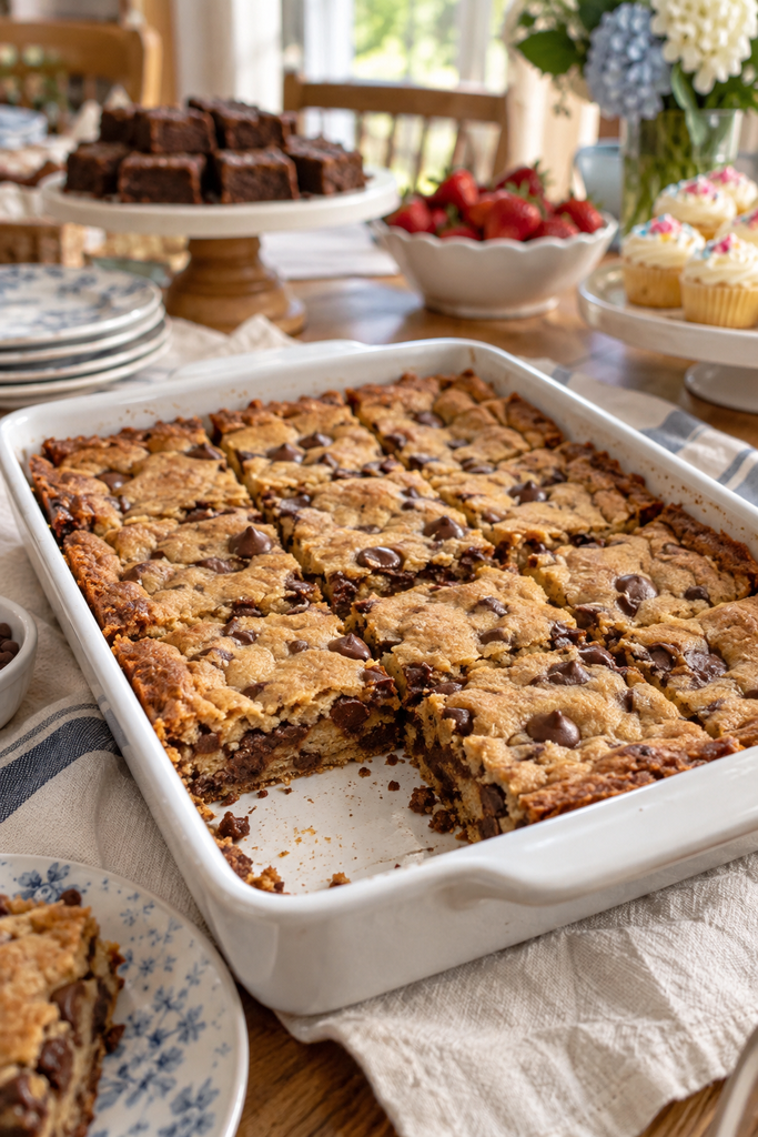 A cast iron skillet or sheet pan of thick chocolate chip cookie bars, golden brown edges, gooey center, cut into squares.