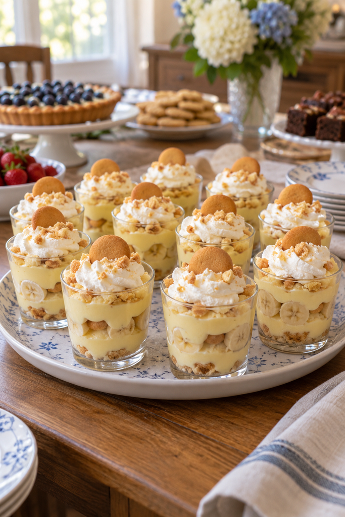 Individual clear cups layered with vanilla pudding, sliced bananas, and crushed vanilla wafers, whipped cream on top, a few whole wafers as garnish.