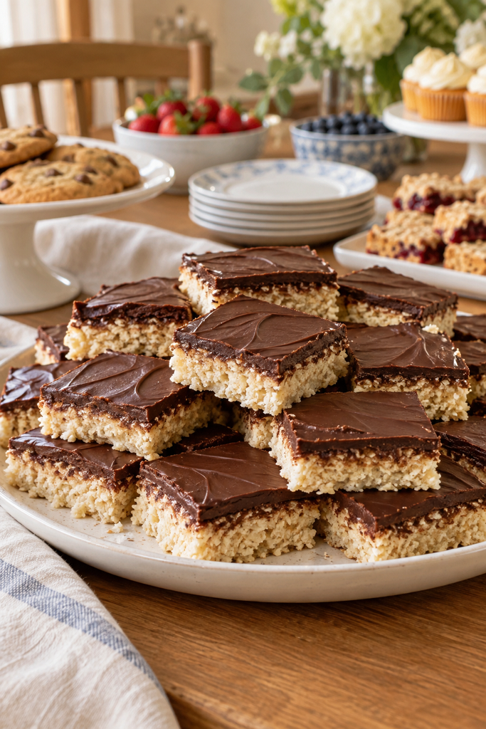 Layered bars with a coconut-oat base and a chocolate ganache top, cut into squares showing distinct white and dark layers.