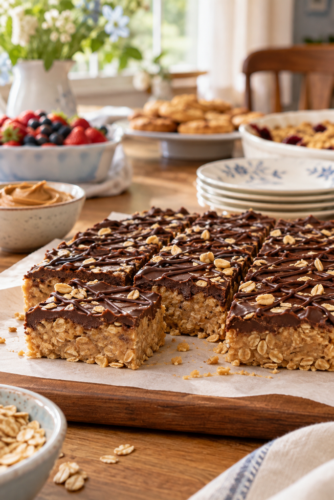 Layered peanut butter oat bars on parchment paper, a drizzle of melted chocolate on top, one bar cut to show the dense chewy layer.
